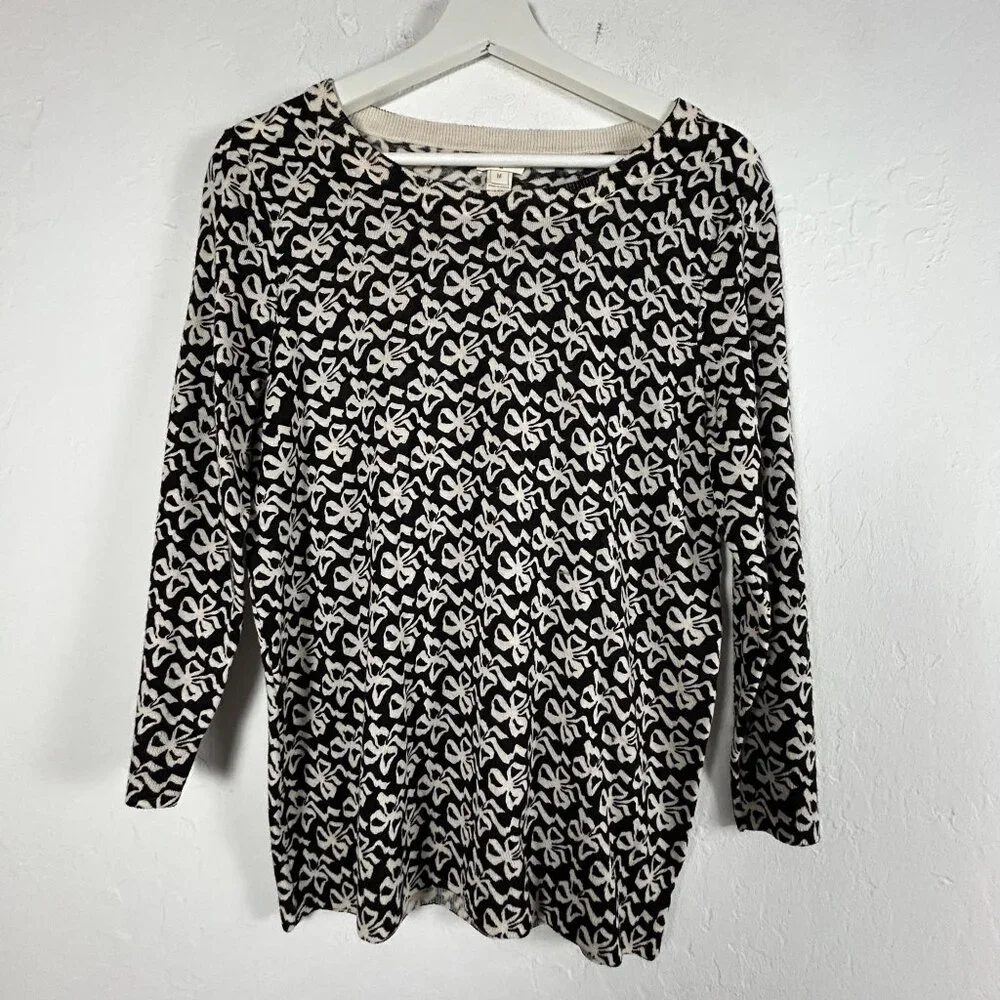 J. Crew Womens Black & Cream Bow Pattern Merino Wool Pullover Sweater Medium